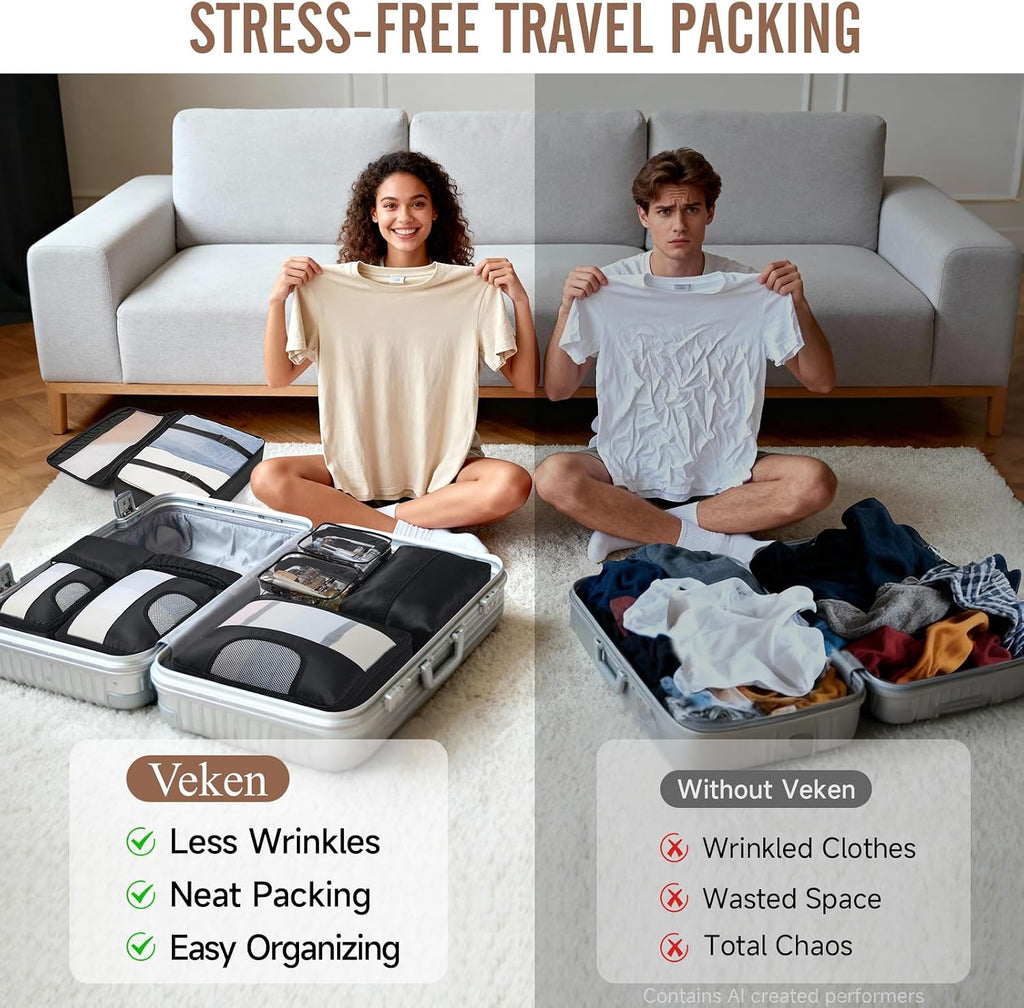 6 Set Packing Cubes for Travel Essentials,Anti-Wrinkle Buckled Suitcase Organizer for Shoe & Toiletry Bag,Carry on Luggage Bag for Airplane & College Dorm Room Accessories,Women Men Gifts