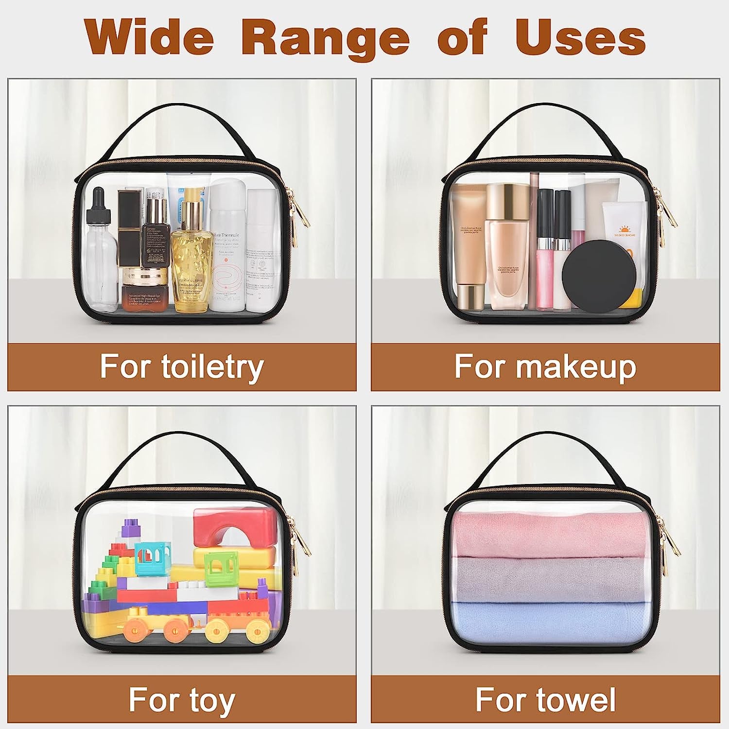 Clear Toiletry Bag, 2 Pack Clear Makeup Bags with Handles, PVC Cosmetic Bags for Women and Men, Large Opening Toiletry Bags, Black