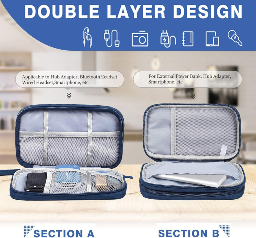 Electronic Organizer Travel Cable Accessories Bag, Double Layer Tech Pouch Accessories Carry Case, Travel Essentials for Cable, Cord, Charger, Phone, Power Bank, Earphone (Navy Blue, Large)