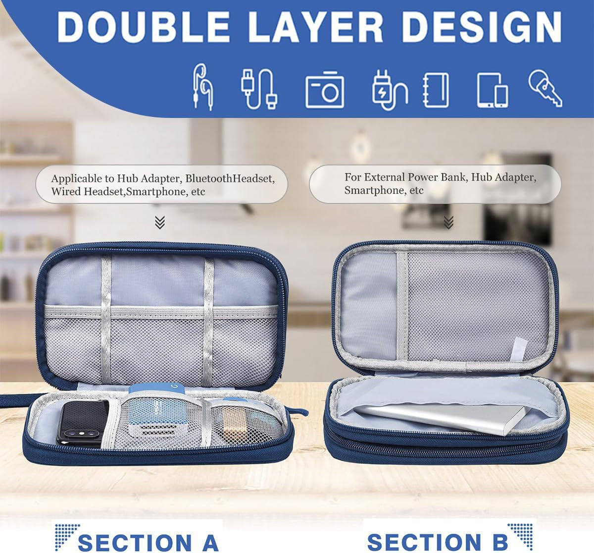 Electronic Organizer Travel Cable Accessories Bag, Double Layer Tech Pouch Accessories Carry Case, Travel Essentials for Cable, Cord, Charger, Phone, Power Bank, Earphone (Navy Blue, Large)