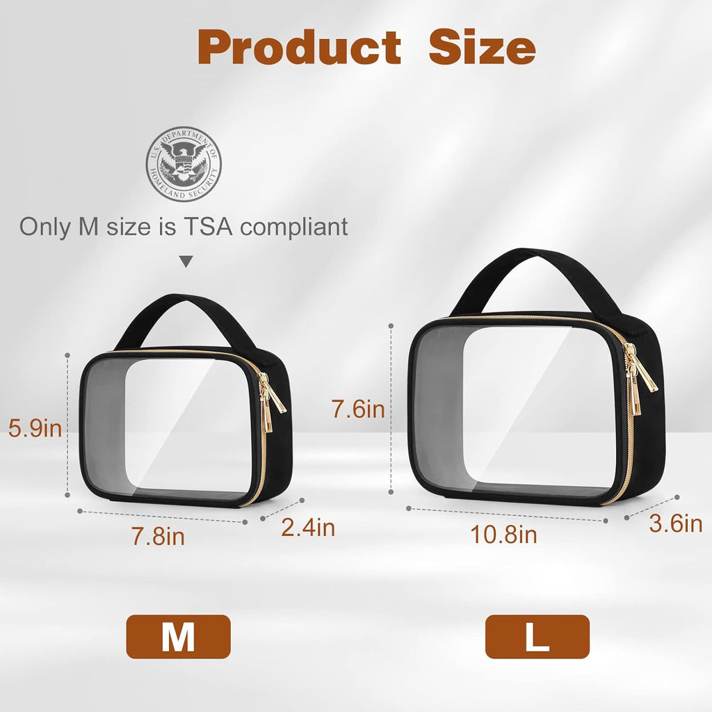 Clear Toiletry Bag, 2 Pack Clear Makeup Bags with Handles, PVC Cosmetic Bags for Women and Men, Large Opening Toiletry Bags, Black