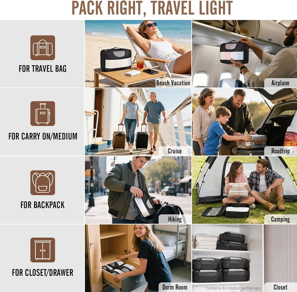 6 Set Packing Cubes for Travel Essentials,Anti-Wrinkle Buckled Suitcase Organizer for Shoe & Toiletry Bag,Carry on Luggage Bag for Airplane & College Dorm Room Accessories,Women Men Gifts