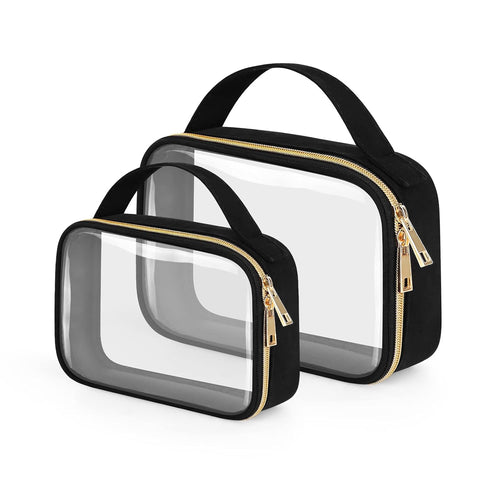 Clear Toiletry Bag, 2 Pack Clear Makeup Bags with Handles, PVC Cosmetic Bags for Women and Men, Large Opening Toiletry Bags, Black