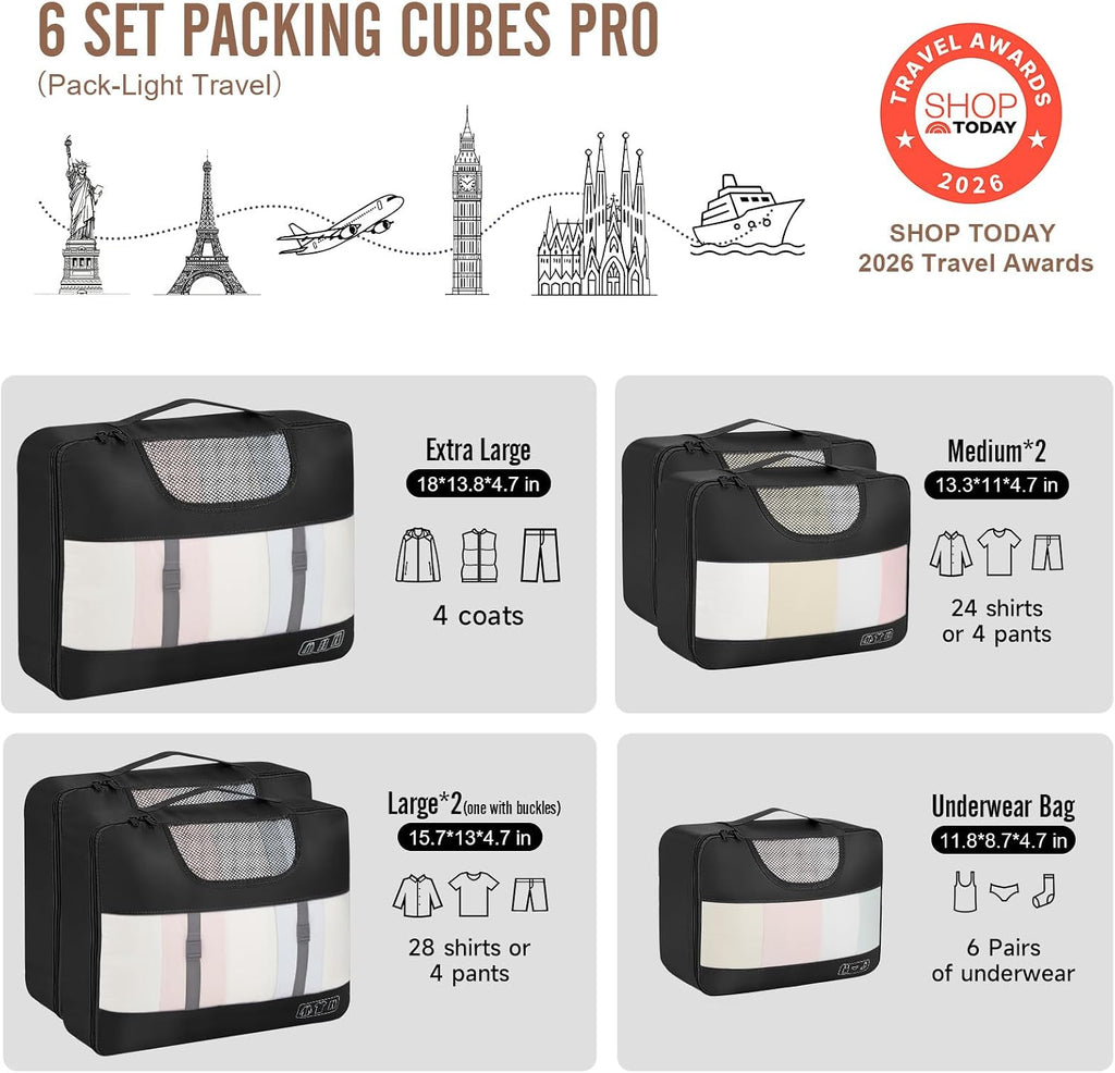 6 Set Packing Cubes for Travel Essentials,Anti-Wrinkle Buckled Suitcase Organizer for Shoe & Toiletry Bag,Carry on Luggage Bag for Airplane & College Dorm Room Accessories,Women Men Gifts