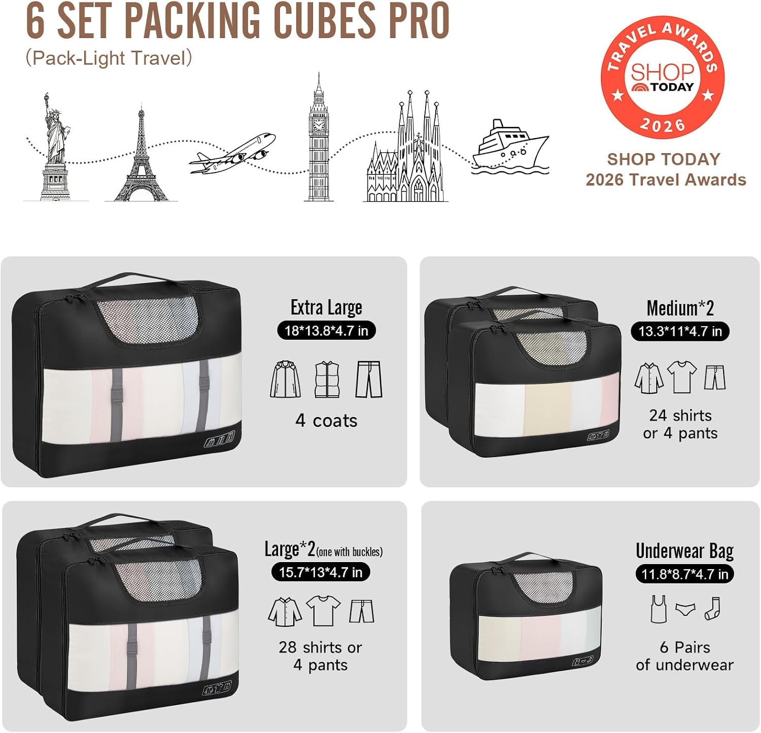 6 Set Packing Cubes for Travel Essentials,Anti-Wrinkle Buckled Suitcase Organizer for Shoe & Toiletry Bag,Carry on Luggage Bag for Airplane & College Dorm Room Accessories,Women Men Gifts