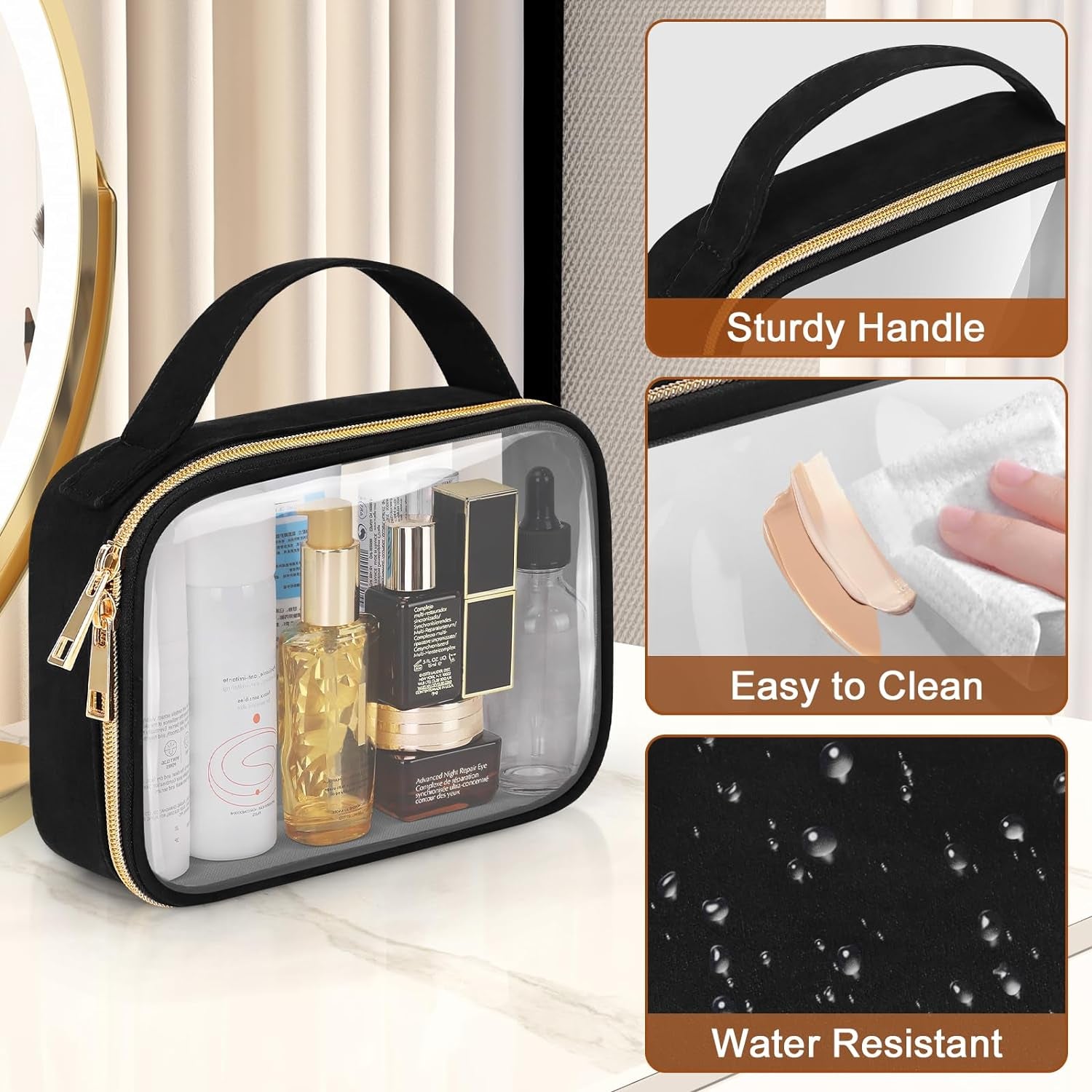 Clear Toiletry Bag, 2 Pack Clear Makeup Bags with Handles, PVC Cosmetic Bags for Women and Men, Large Opening Toiletry Bags, Black
