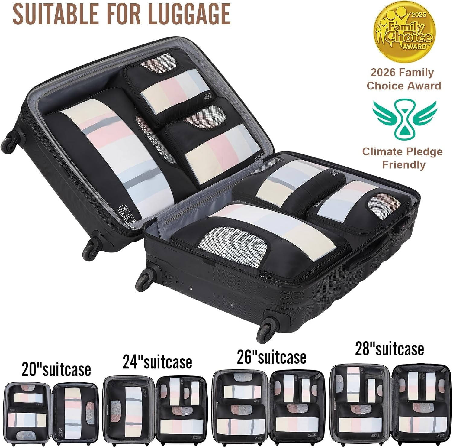6 Set Packing Cubes for Travel Essentials,Anti-Wrinkle Buckled Suitcase Organizer for Shoe & Toiletry Bag,Carry on Luggage Bag for Airplane & College Dorm Room Accessories,Women Men Gifts