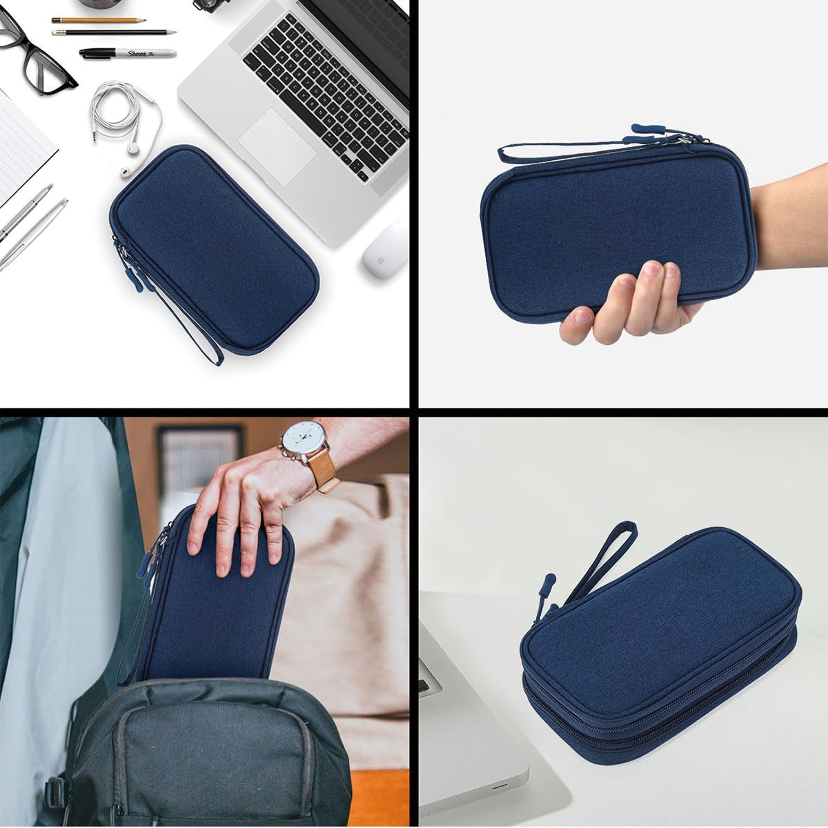 Electronic Organizer Travel Cable Accessories Bag, Double Layer Tech Pouch Accessories Carry Case, Travel Essentials for Cable, Cord, Charger, Phone, Power Bank, Earphone (Navy Blue, Large)