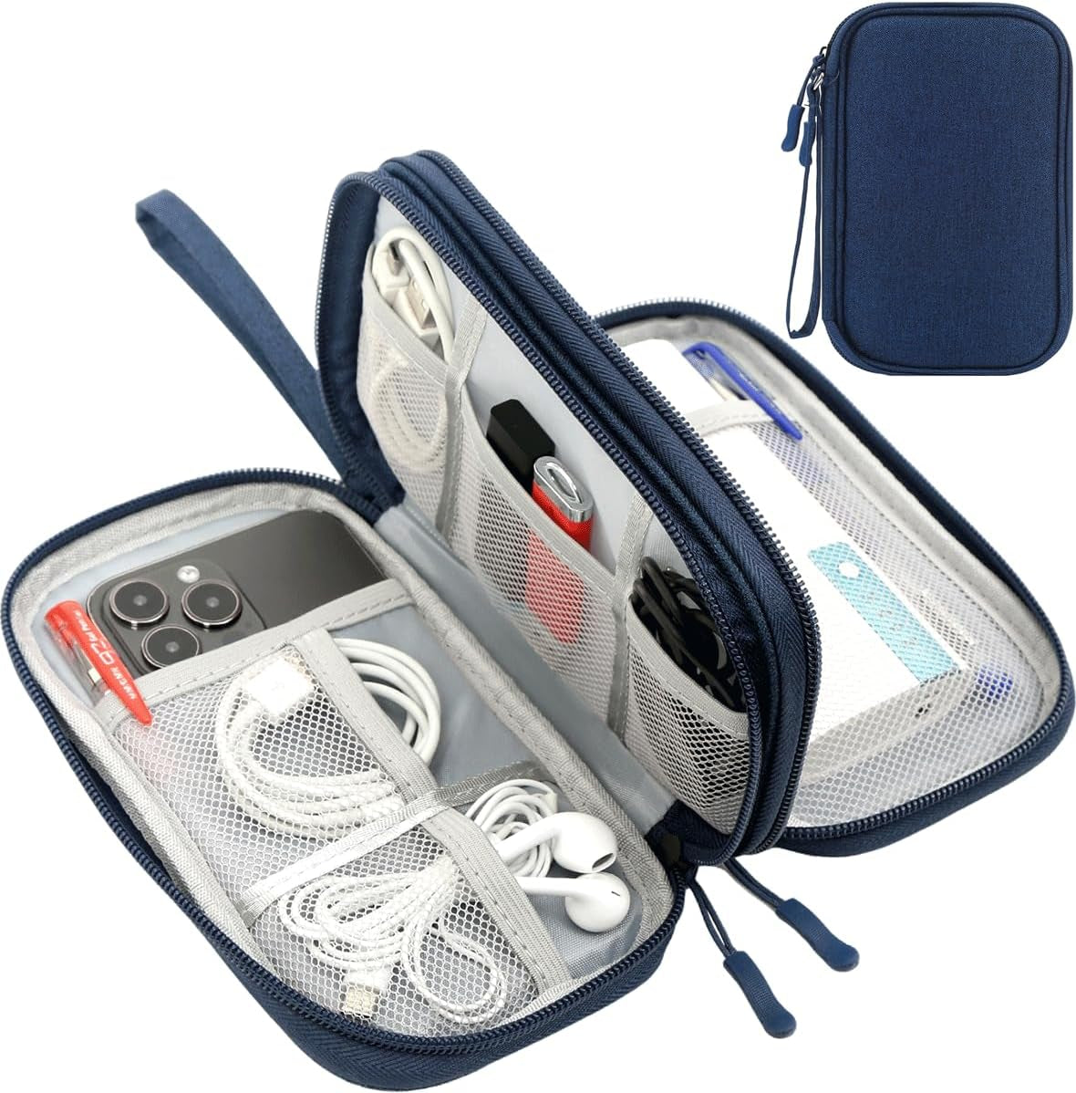 Electronic Organizer Travel Cable Accessories Bag, Double Layer Tech Pouch Accessories Carry Case, Travel Essentials for Cable, Cord, Charger, Phone, Power Bank, Earphone (Navy Blue, Large)
