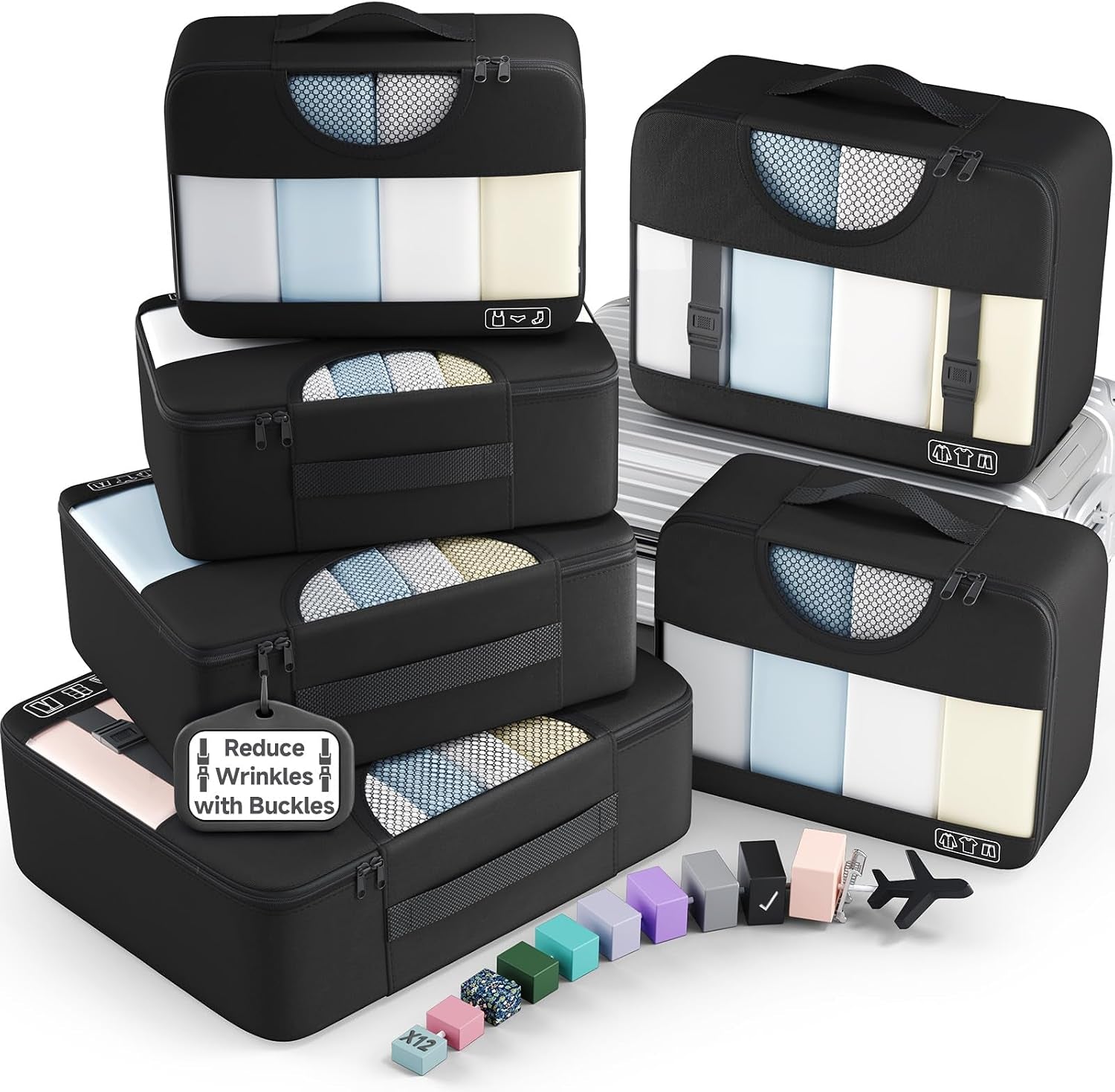 6 Set Packing Cubes for Travel Essentials,Anti-Wrinkle Buckled Suitcase Organizer for Shoe & Toiletry Bag,Carry on Luggage Bag for Airplane & College Dorm Room Accessories,Women Men Gifts