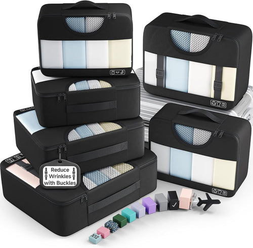 6 Set Packing Cubes for Travel Essentials,Anti-Wrinkle Buckled Suitcase Organizer for Shoe & Toiletry Bag,Carry on Luggage Bag for Airplane & College Dorm Room Accessories,Women Men Gifts
