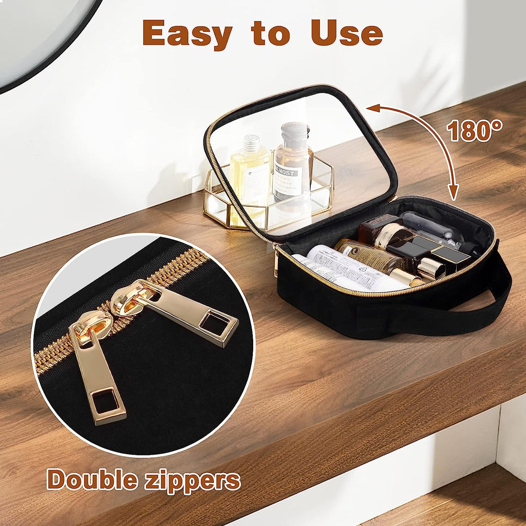 Clear Toiletry Bag, 2 Pack Clear Makeup Bags with Handles, PVC Cosmetic Bags for Women and Men, Large Opening Toiletry Bags, Black
